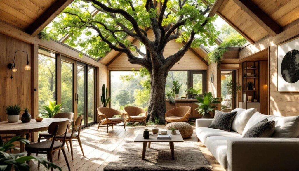 Una mini-casa di 48 mq costruita intorno a un albero, grande protagonista del soggiorno