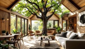Una mini-casa di 48 mq costruita intorno a un albero, grande protagonista del soggiorno